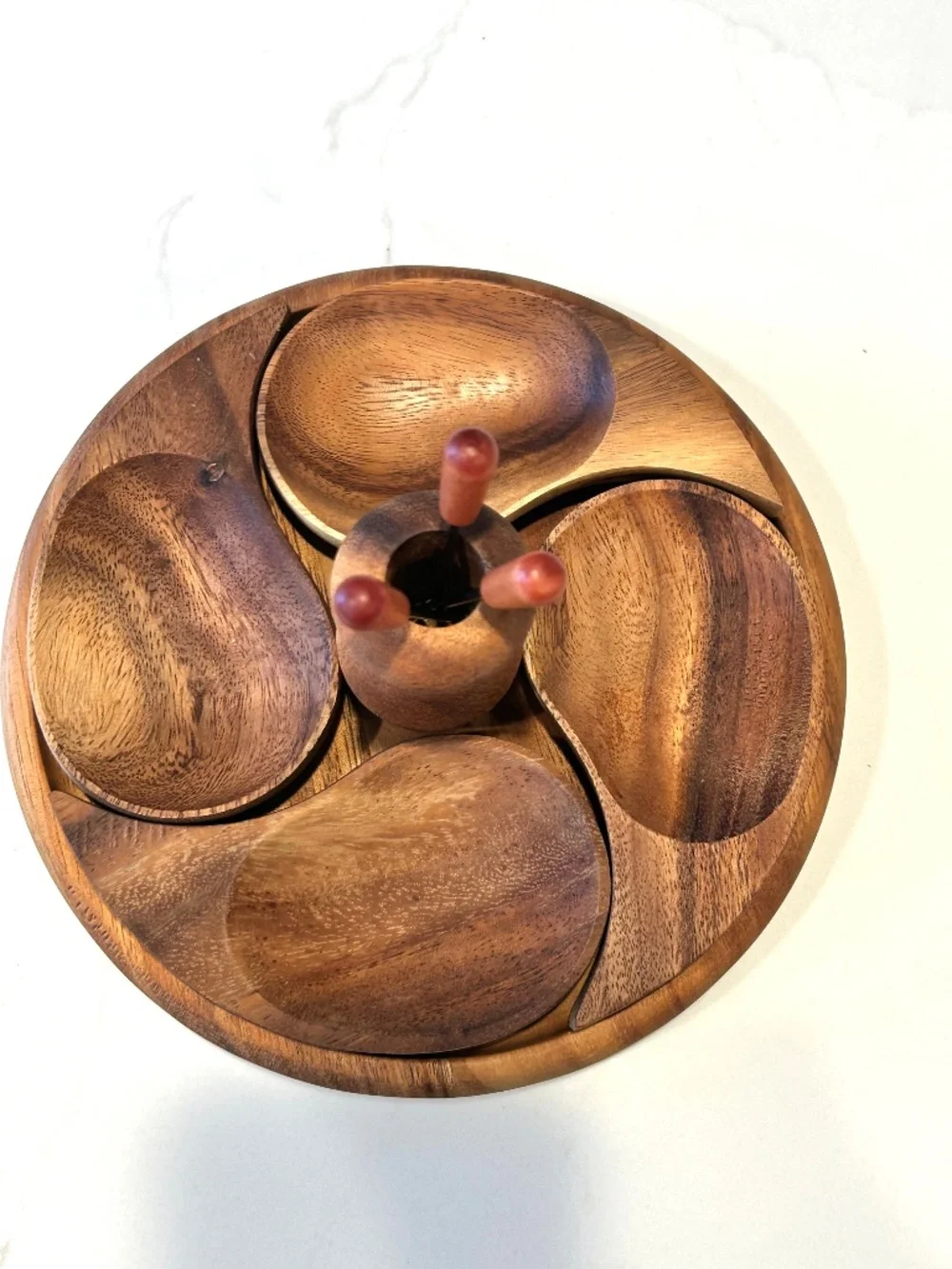 Crate & Barrel MCM Wooden 4 Tear Drop Dishes & 3 Swizzles Round Serving Tray
